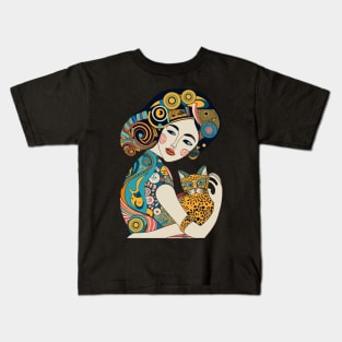 Woman and Cat Gustav Klimt Style Kids T-Shirt